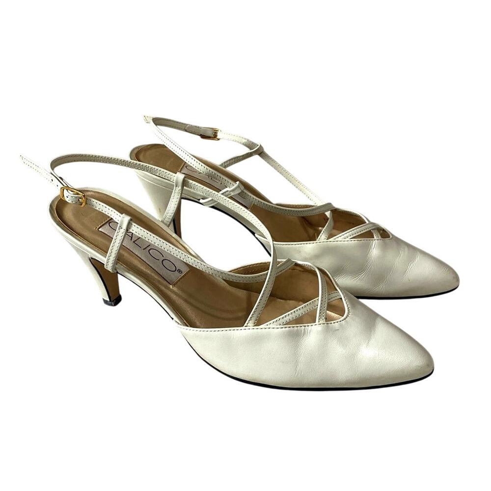 Calico Vintage Cream Leather Slingback Heels 7M Pointed Toe Strappy Pump Wedding